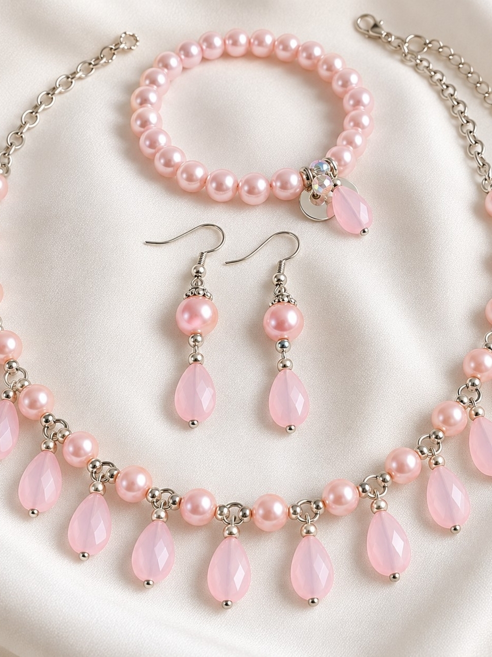Delicate Pink Pearl Drop Necklace Set - Women